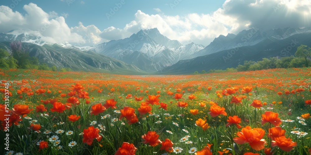 Beautiful landscape of countryside with flowered in the meadow at sunset, Shallow depth of field, mountain, and cloud
