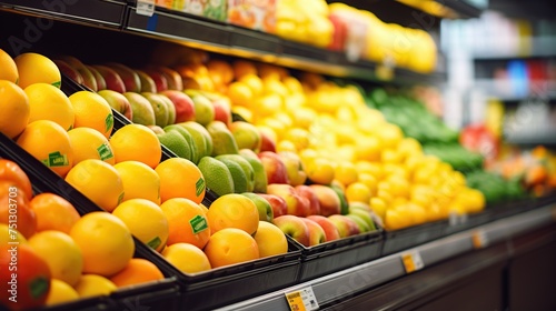 A vibrant display of fresh fruits at a grocery store, symbolizing abundance and health, ideal for themes related to nutrition, food retail, and healthy lifestyles.