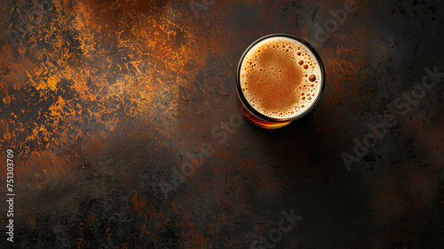 Beer glass on dark table. Top view