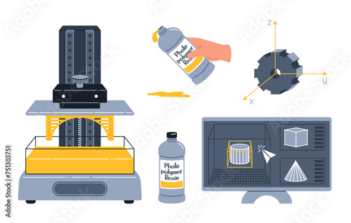 3D photopolymer printing. Stereolithography, SLA technology concept. Device produced object from liquid polymer. Isolated vector flat illustration set.