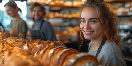 Happy and smiling people, buying bread at the supermarket bakery