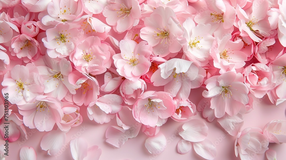 Dense cherry blossom petals in varying shades of pink, creating a vibrant and elegant floral scene suitable for print or digital backgrounds, with an emphasis on beauty, nature, and design
