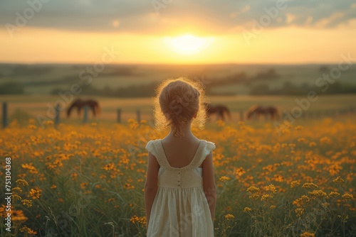 A Cute African American girl 5-year-old in wearing stood with her back to us near a low fence, Behind the fence, horses roamed under the soft sunlight © Attasit