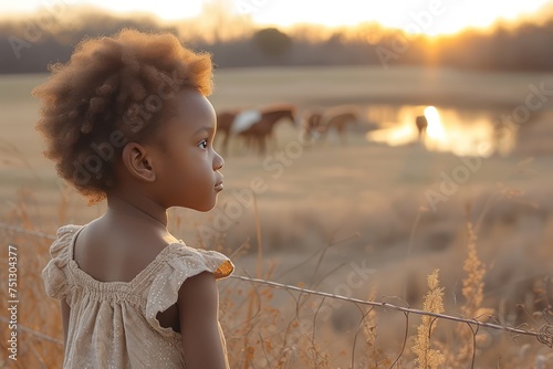 A Cute African American girl 5-year-old in wearing stood with her back to us near a low fence, Behind the fence, horses roamed under the soft sunlight photo