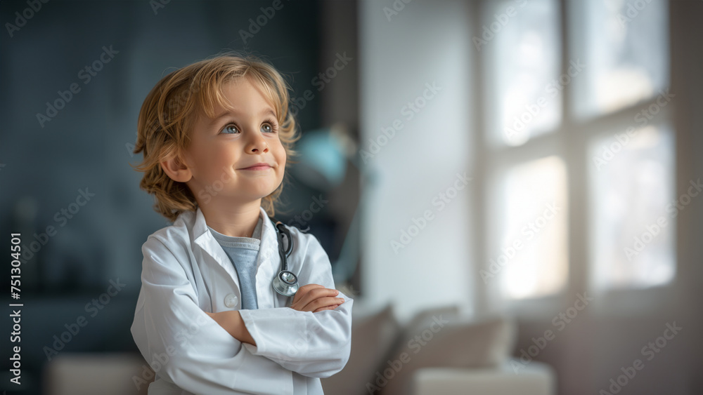 Portrait of a kid dressed in a doctor's white coat and stethoscope. A happy child who is looking thoughtful with a studio background, conceptual of imagination and dream career, free copy space Portrait of a kid dressed in a doctor's white coat and stethoscope. A happy child who is looking thoughtful with a studio background, conceptual of imagination and dream career, free copy space