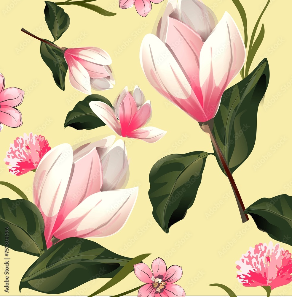 seamless pattern with  pink magnolia on yellow 