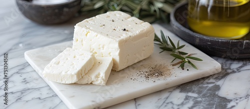 A block of fresh feta cheese sits atop a wooden cutting board, ready to be sliced and enjoyed. The cheese is enhanced with a burst of olive oil and a blend of flavorful spices. photo