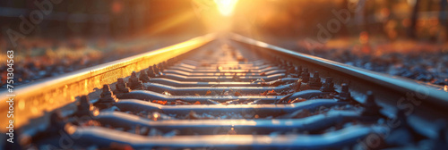 close up railway train tracks at sunset,banner photo