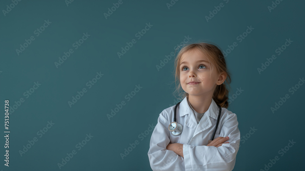 Portrait of a kid dressed in a doctor's white coat and stethoscope. A happy child who is looking thoughtful with a studio background, conceptual of imagination and dream career, free copy space Portrait of a kid dressed in a doctor's white coat and stethoscope. A happy child who is looking thoughtful with a studio background, conceptual of imagination and dream career, free copy space