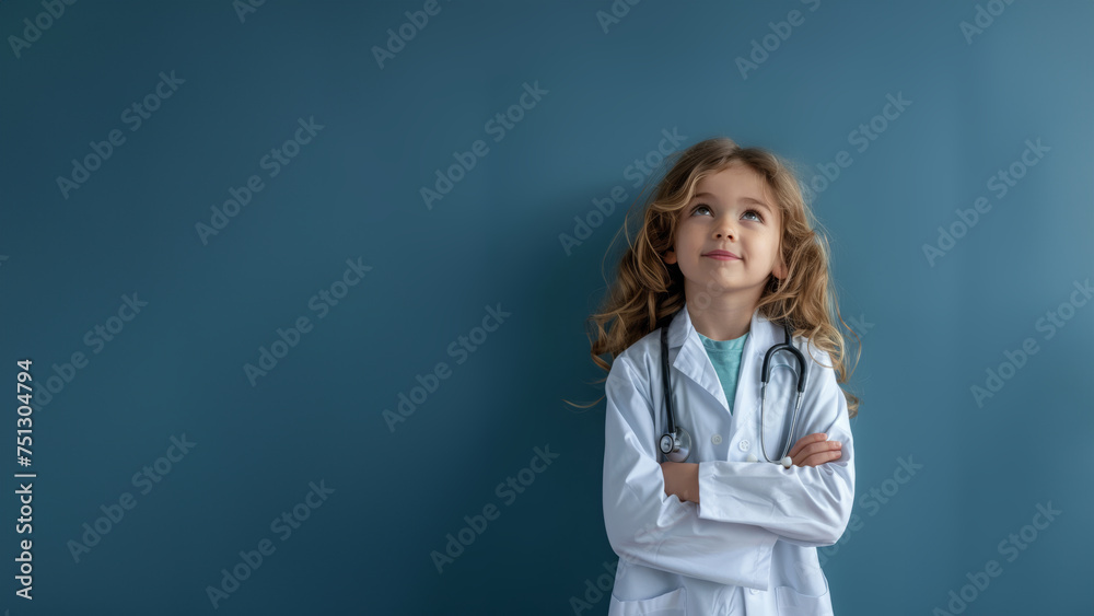 Portrait of a kid dressed in a doctor's white coat and stethoscope. A happy child who is looking thoughtful with a studio background, conceptual of imagination and dream career, free copy space Portrait of a kid dressed in a doctor's white coat and stethoscope. A happy child who is looking thoughtful with a studio background, conceptual of imagination and dream career, free copy space