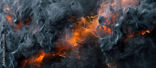 Intense close-up view of swirling black and orange flames, showcasing a mesmerizing display of heat and energy.