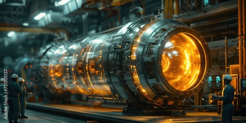 A fusion reactor experiment in a laboratory setting, with scientists monitoring the data controller