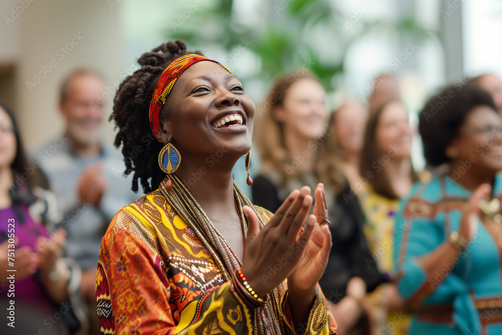 Capturing the moment of employee recognition with colleagues applauding and celebrating a standout team member. Focus on the joy and appreciation in their expressions, stylish African woman clapping.