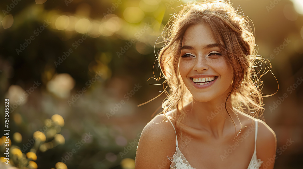 bride standing in the sunshine. she is wearing a beautiful dress and she is smiling. with empty copy space 