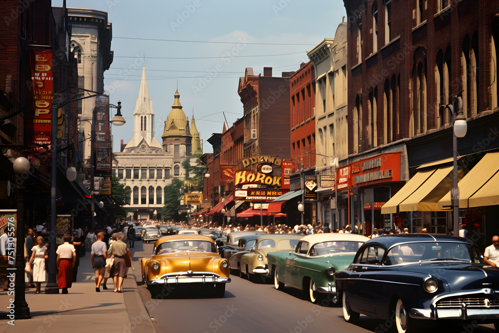 Bustling City Street in the Late 1950s - A Colorful Snapshot of Vintage Urban Life