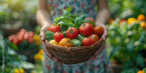 Hand of young woman holding a basket of vegetables, self-sufficient farm vibes, homegrown