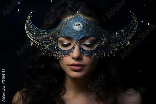 Portrait of a woman with a decorative mask, embodying elegance and mystery