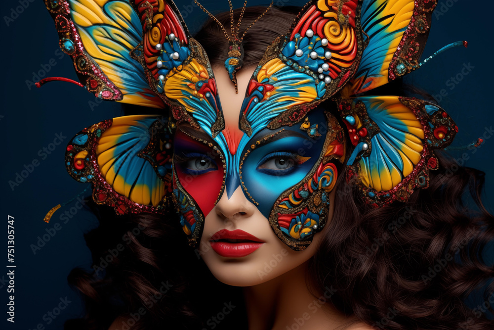 Glamorous and elegant woman with butterfly makeup and headdress posing for a portrait on a mysterious and vibrant blue background