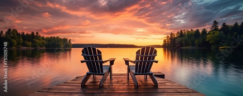 Two wooden chairs on a wood pier overlooking a lake at sunset © Coosh448