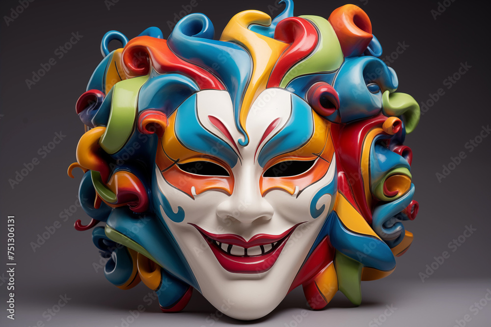 Colorful venetian mask with intricate design set against a neutral backdrop