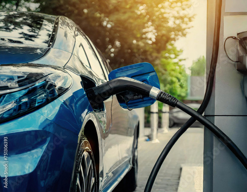 Blaues Elektroauto wird an einer Ladesäule betankt, Abendstimmung, Sonnenlicht.