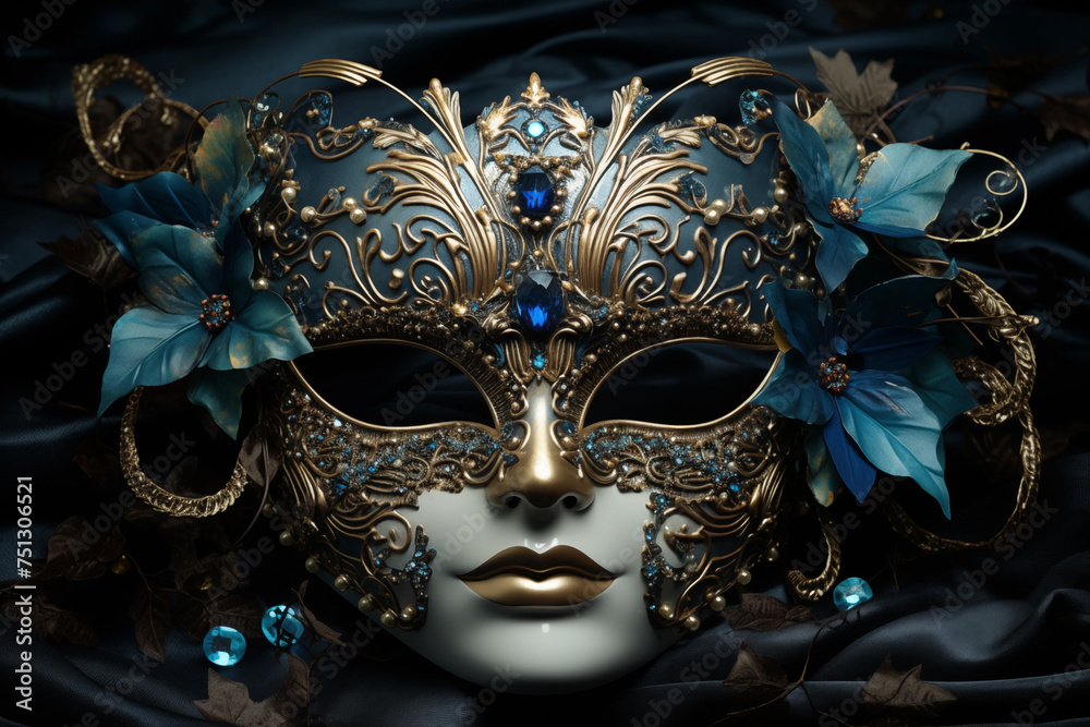 Luxurious golden venetian mask adorned with blue flowers and gems, set against a silky dark backdrop