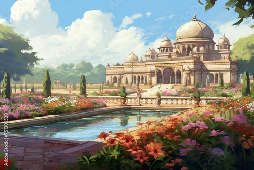 Mughal garden with flowers, plants, tree, palace illustration generative ai photo