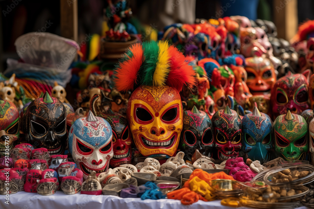 Vibrant selection of handmade masks displayed at a local market stall