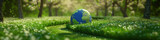 Earth globe nestles in a lush green pathway, basking in ethereal sunlight, a serene invitation to walk towards a sustainable future, suitable for environmental awareness campaigns 