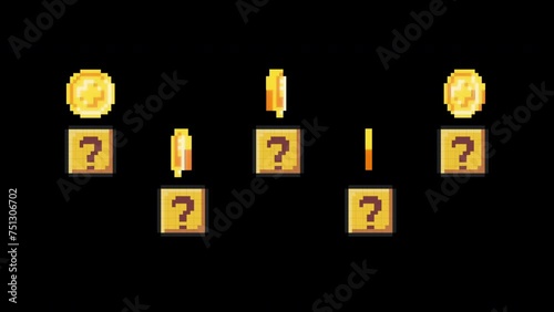 Retro coins and question mark gold box - isolated vector illustration. Classic retro video game. This coins movement graphics has a simulation of retro 8-bit graphics animation showing coins rotating. photo