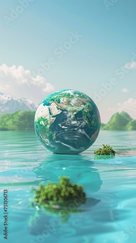 A serene image of an Earth globe floating in a calm body of water with green islands and mountains in the background  perfect for tranquil environmental themes or inspirational Earth Day messages.