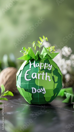 A meticulously crafted origami Earth globe with the text "Happy Earth Day" promotes sustainability and the art of recycling, ideal for educational content or as an engaging craft project demonstration