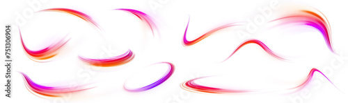 Neon swirls on a white background PNG. Acceleration speed motion on night road. Magic moving fast speed police lines.	
