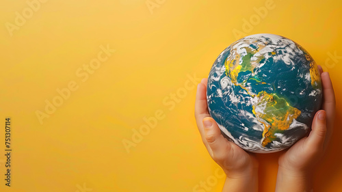 Children's hands hold the globe. Yellow background. Free space for text.