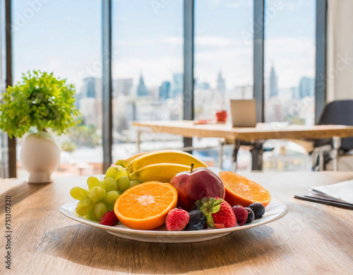 Gesunder Obstteller mit aufgeschnittenem Obst in einer hellen und modernen Büroatmosphäre.