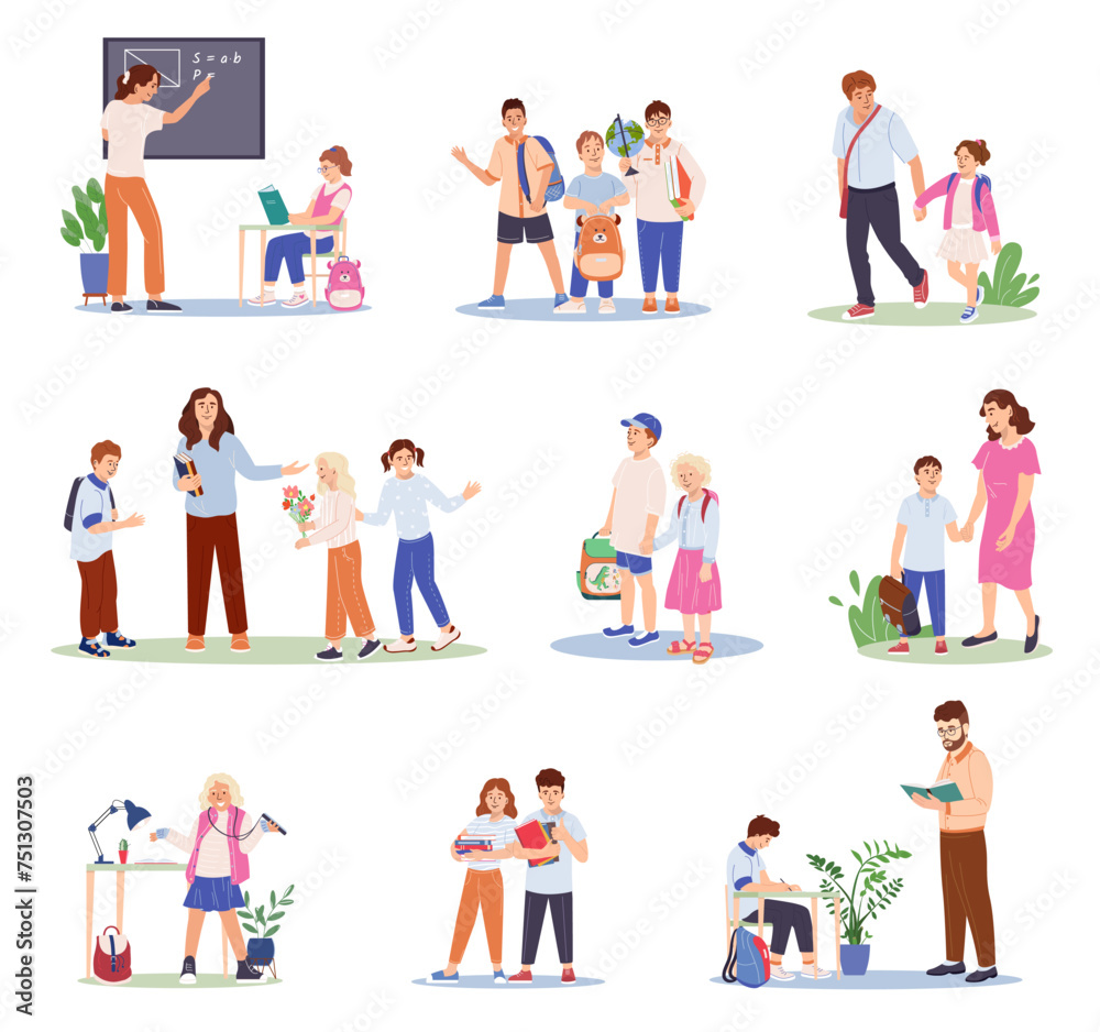Set of cute children with backpack going back to school with parents. Collection of funny pupils studying, learning, communicating with teacher during lesson Flat vector illustration isolated on white