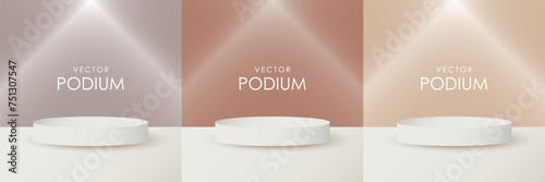 A set of vector round background podiums with lighting in beige tones for demonstrating various products. Podium background for marketing presentations, product trading cards design. photo