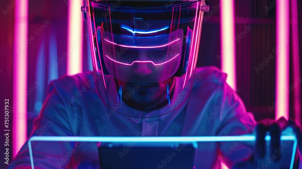 Mysterious programmer prints face shield on laptop at work, storage technology, work, information technology, internet, i hologram Mysterious programmer prints face shield on laptop at work, storage technology, work, information technology, internet, i hologram
