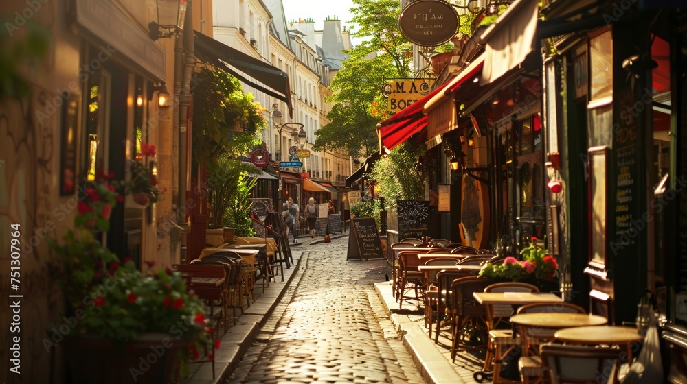 Fototapeta premium Typical Paris street with small cute cafes outdoor. Europe touristic places