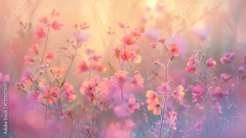 Tender and bright colorful field flowers background. Morning light, mist and soft bokeh effect wallpaper. Artistic summer spring floral botanical photography concept. © Leon K