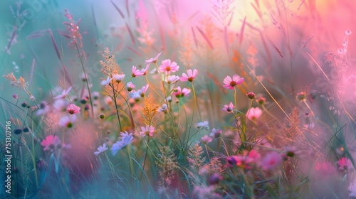 Tender and bright colorful field flowers background. Morning light, mist and soft bokeh effect wallpaper. Artistic summer spring floral botanical photography concept. © Leon K