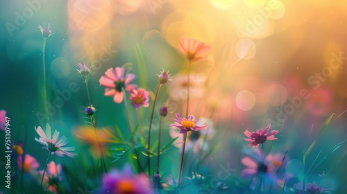 Tender and bright colorful field flowers background. Morning light, mist and soft bokeh effect wallpaper. Artistic summer spring floral botanical photography concept.