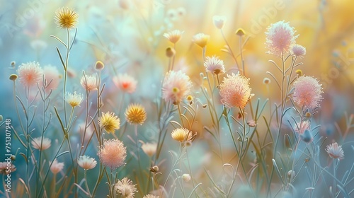 Tender and bright colorful field flowers background. Morning light  mist and soft bokeh effect wallpaper. Artistic summer spring floral botanical photography concept.