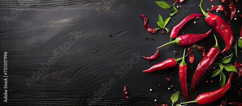 A collection of vibrant red peppers arranged on a dark black wooden surface, creating a visually striking contrast. These pickled hot peppers are displayed from a top view, showcasing their rich