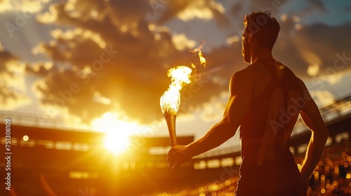 Flame burns in Olympic torch against stadium
