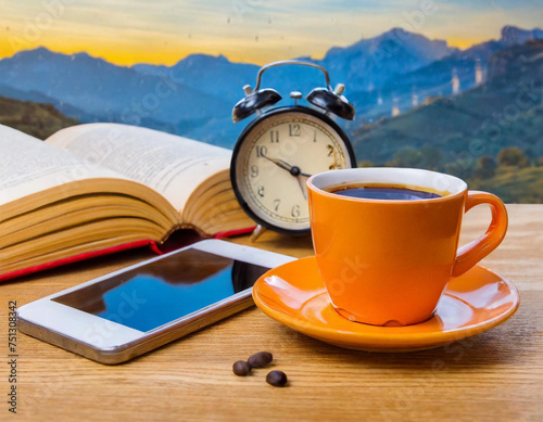 Ein offenes Buch, ein Wecker, ein Smartphone und eine Tasse Kaffee im Vordergrund, im Hintergrund abendliche Berglandschaft.