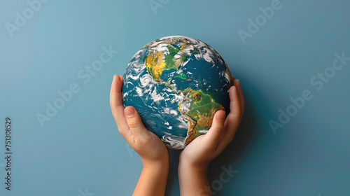 Children's hands hold the globe. Blue background. Free space for text.