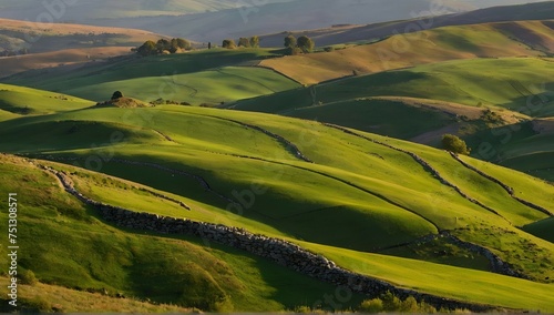 A vibrant landscape of rolling green hills, dotted with colorful stones that seem to glow in the sunlight.
