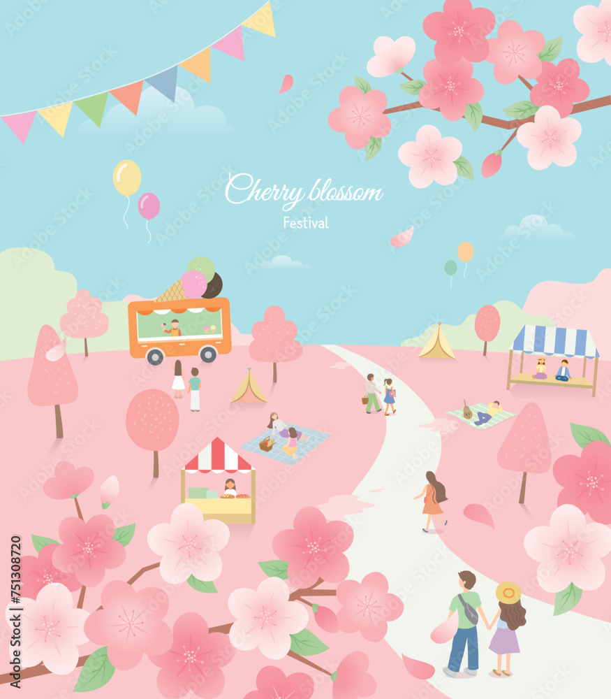 Cherry blossom festival illustration with people and a park with cherry blossoms Cherry blossom festival illustration with people and a park with cherry blossoms