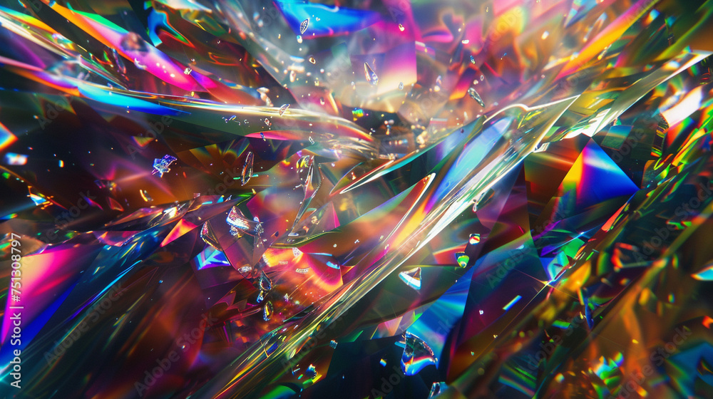 Prismatic shards of light cascading through an ethereal void, intersecting with dynamic waves of color and texture.